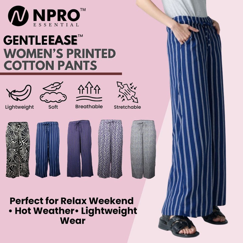 NPRO PPD2655 GentleEase™ Seluar Panjang Wanita Cotton Printed Wide Leg | Lembut Bernafas Pinggang Tali Serut Poket S-XL