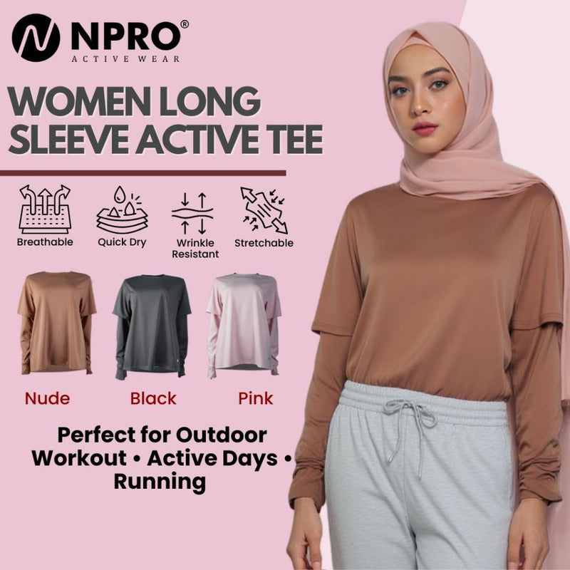 NPRO YT1087 PureMotion Baju Sukan Muslimah Wanita Long Sleeve Quick Dry Breathable | Top Gym Running Stretch S-XL