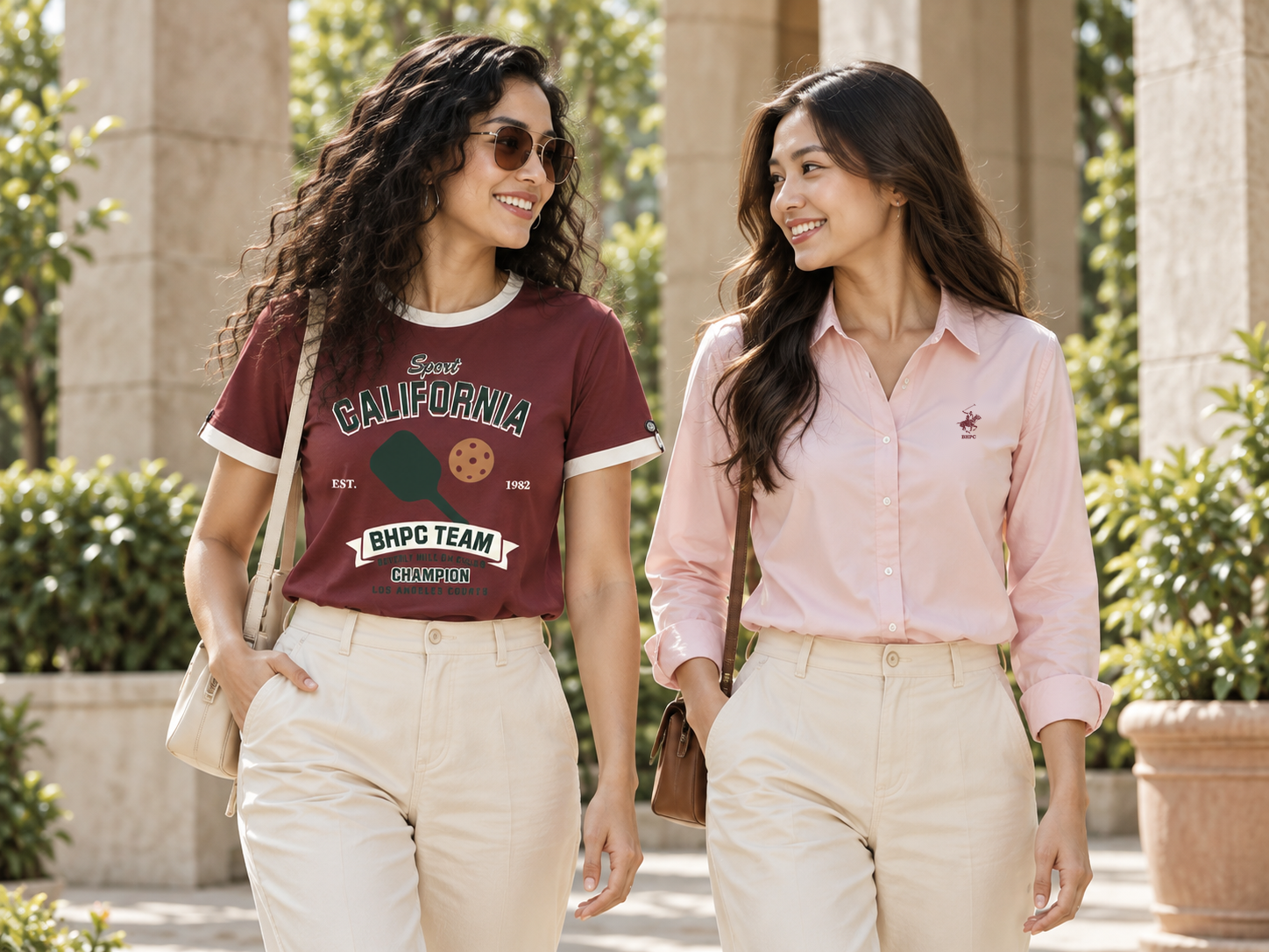 Two women wearing BHPC graphic and embroidered shirts