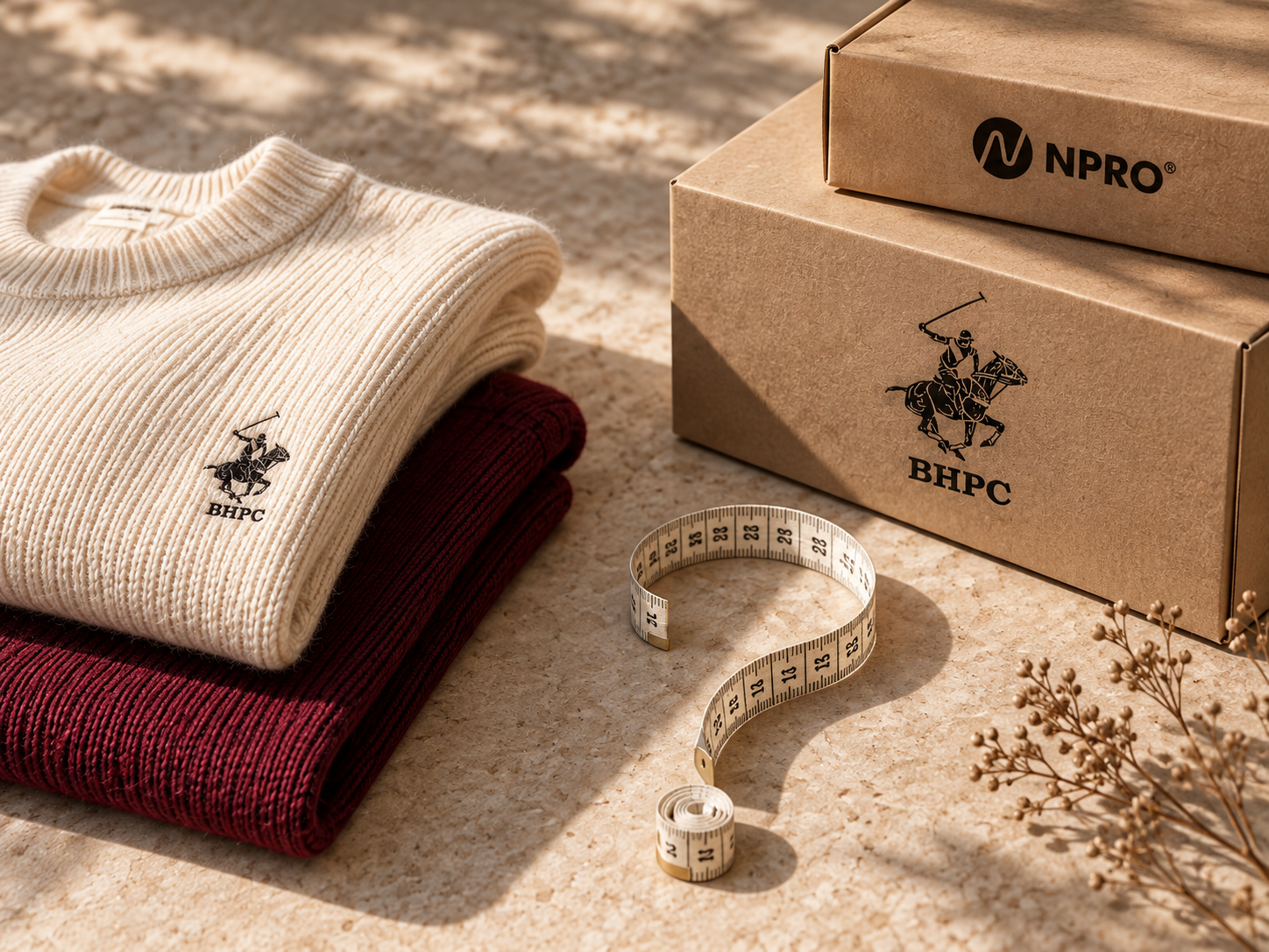 BHPC apparel beside stacked BHPC and NPRO boxes and a question-mark measuring tape