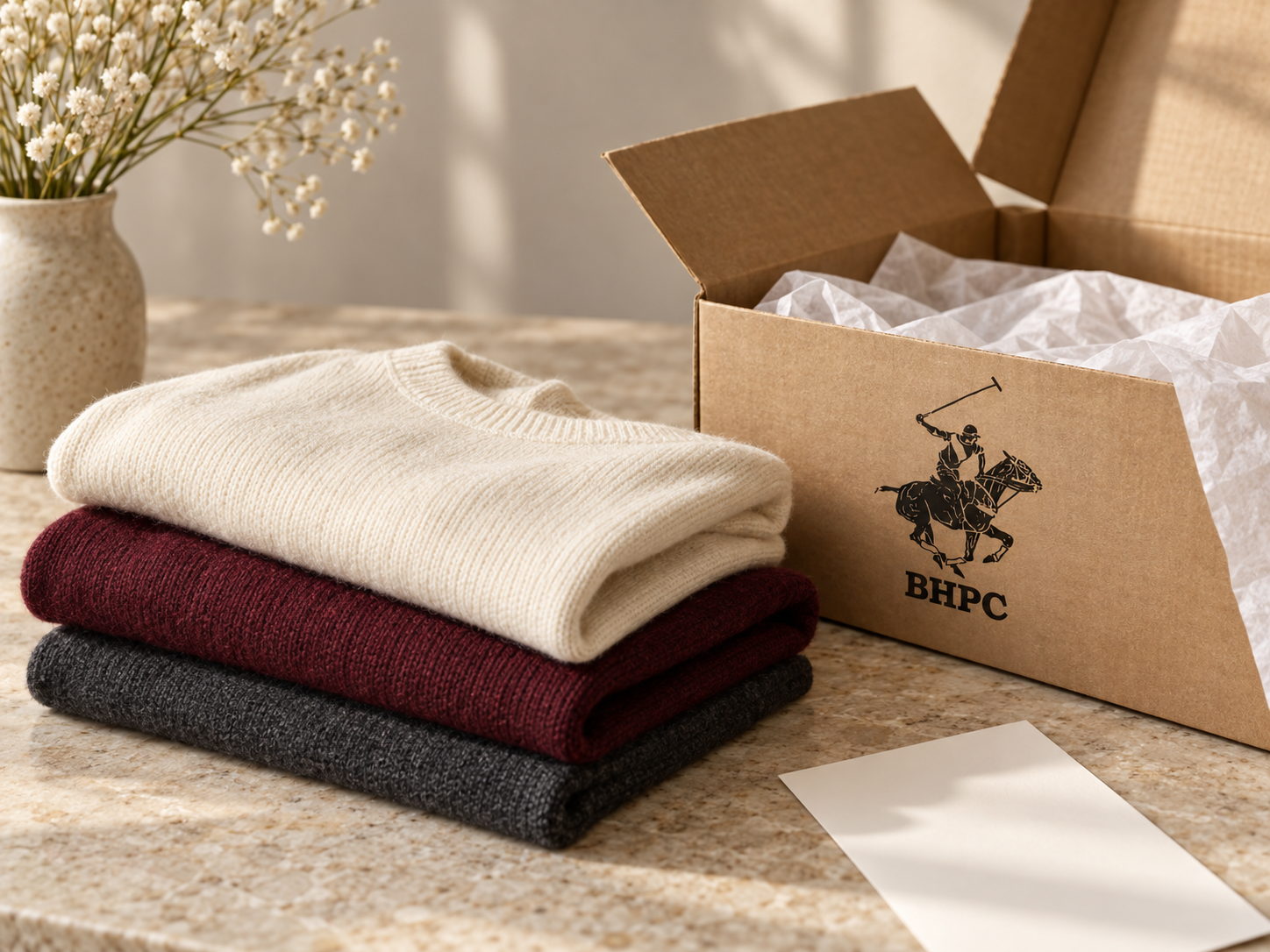 Folded ivory, burgundy and charcoal clothing beside a kraft parcel box with the BHPC logo