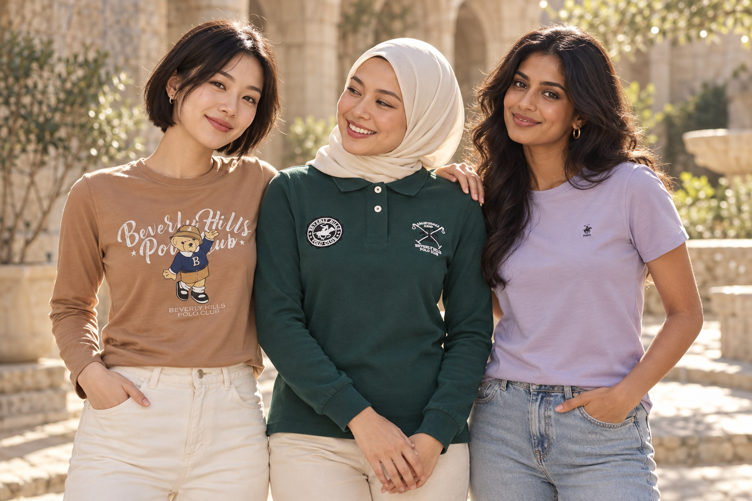 Three women wearing different Beverly Hills Polo Club styles