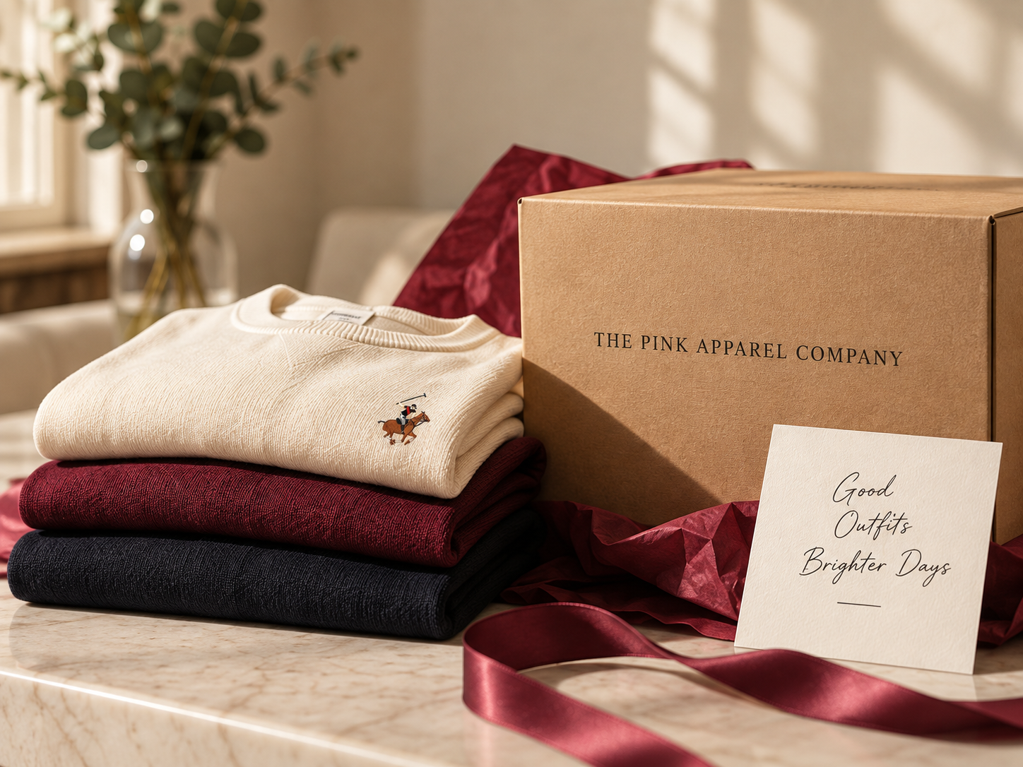 Folded apparel with BHPC rider embroidery beside a The Pink Apparel Company parcel