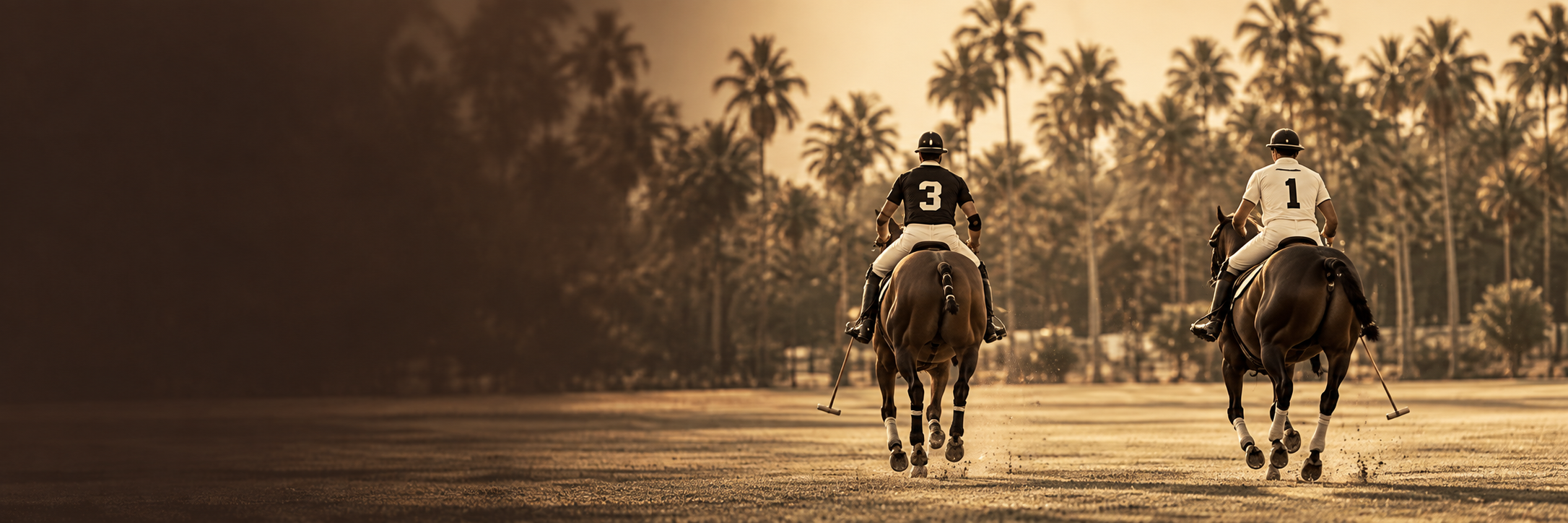 Polo riders on a palm-lined field