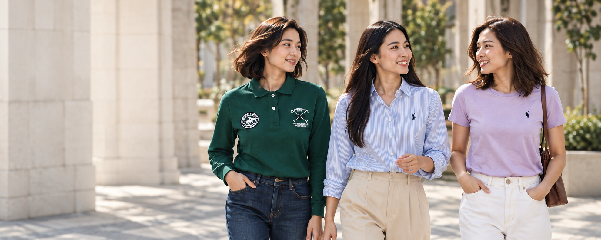 Three women walking together in Beverly Hills Polo Club womenswear